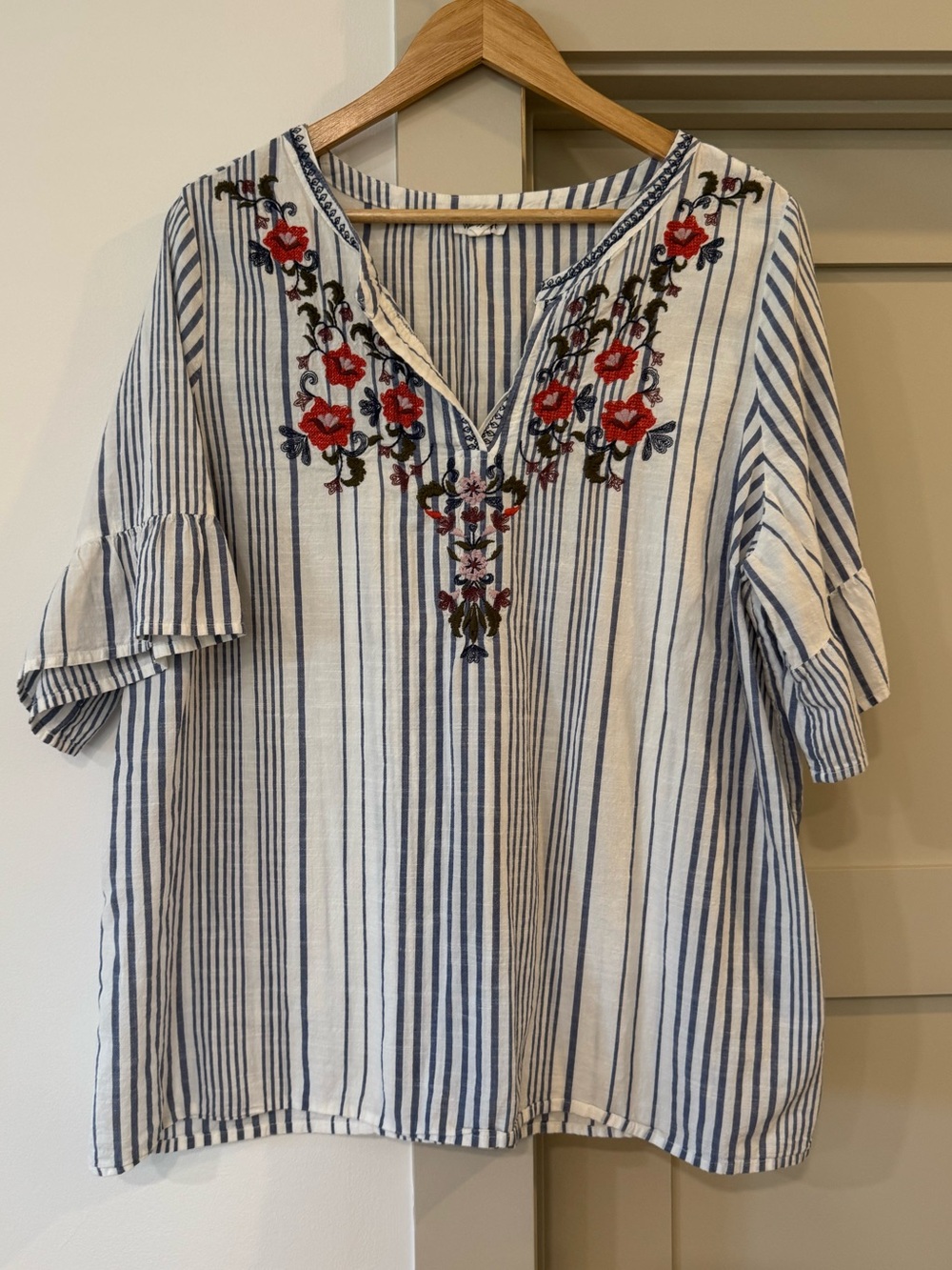 Westport Blue and White Striped Embroidered V-Neck Tunic